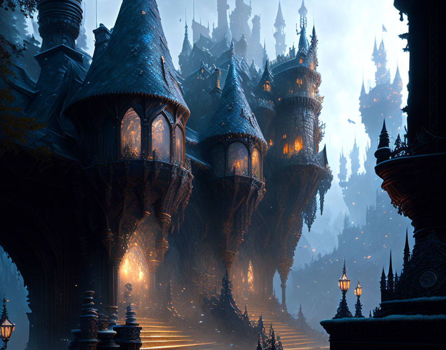 Mystical castle in snowy twilight with Gothic spires