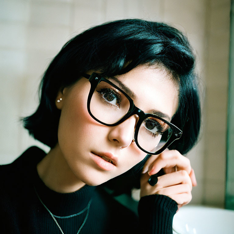 Portrait of young woman with black hair, glasses, nose ring, and subtle makeup in black top.