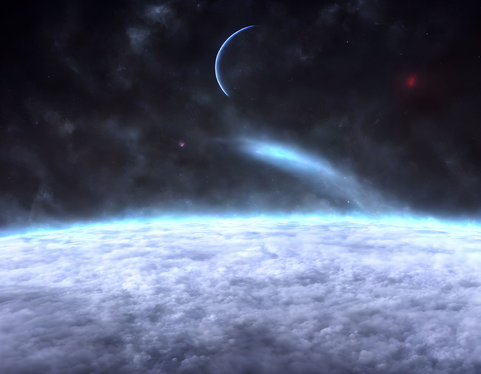 Celestial scene with crescent planet, starry space, and cosmic glow