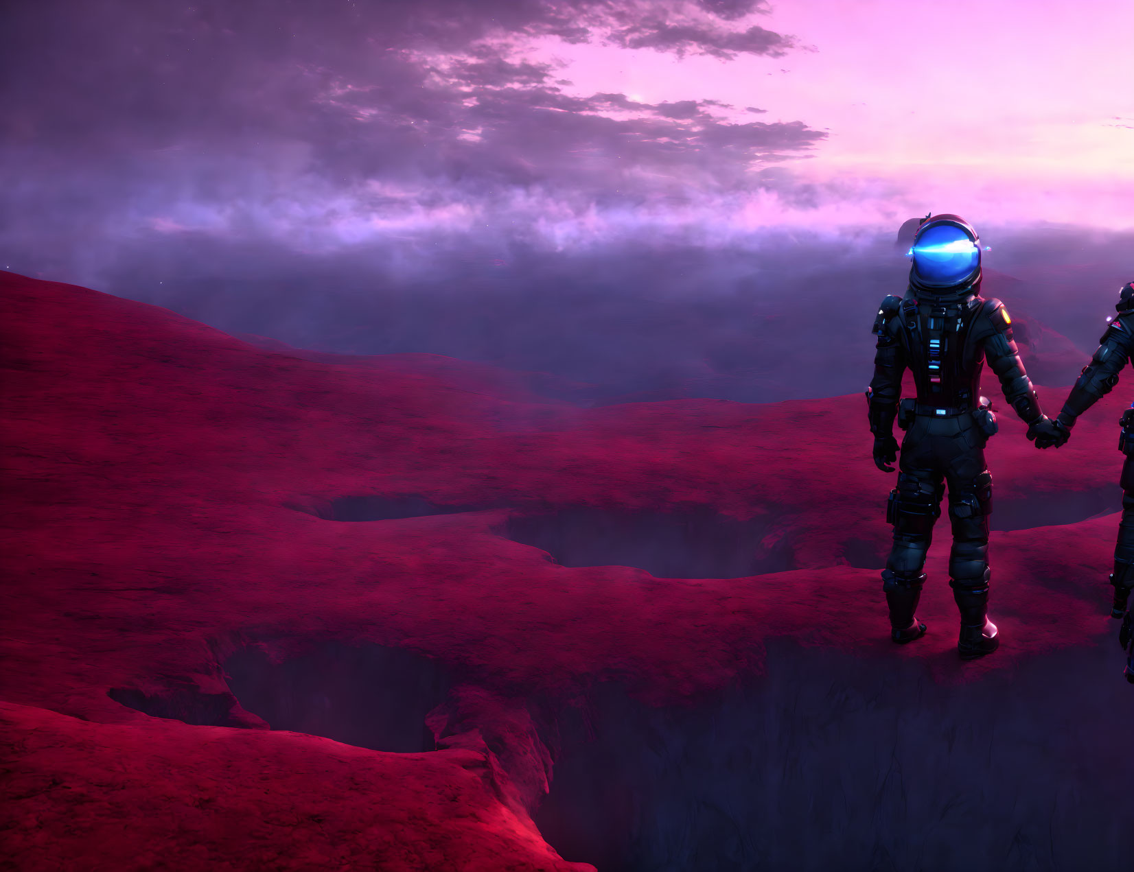 Astronaut on crimson alien planet under purple sky reaches out to unseen figure