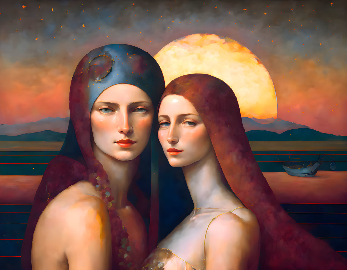 Stylized women with serene expressions in blue and red against sunset backdrop