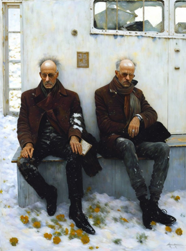 Two men with white beards in winter clothing on snowy bench