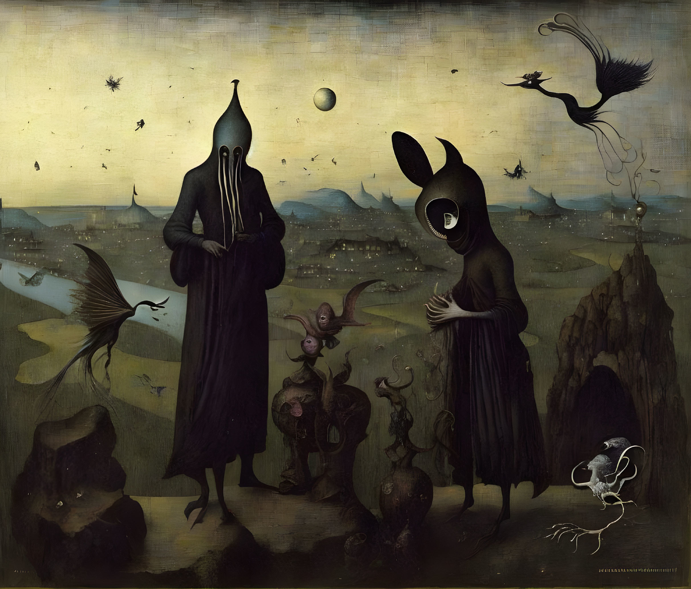 Surreal painting of cloaked figures with rabbit and beak heads in dark landscape