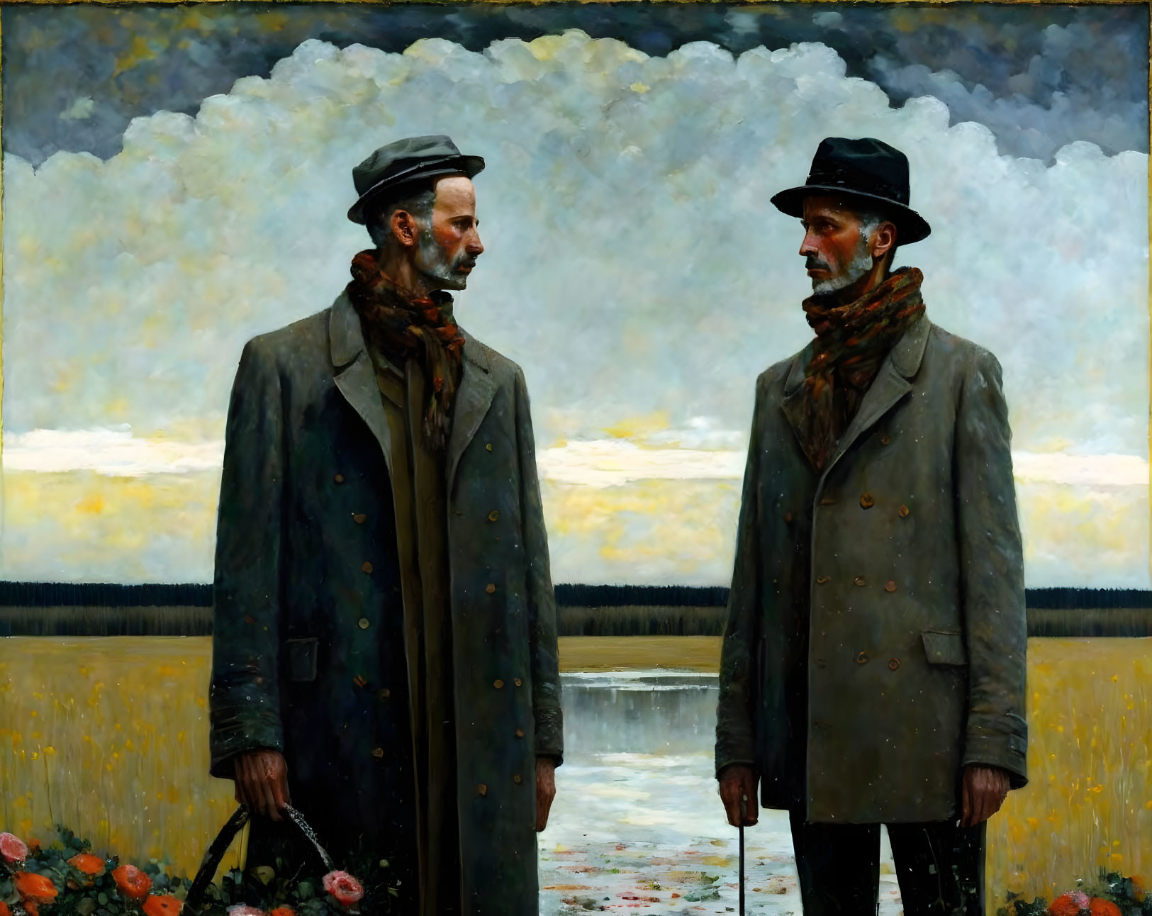 Men in hats and overcoats standing by lake under cloudy sky