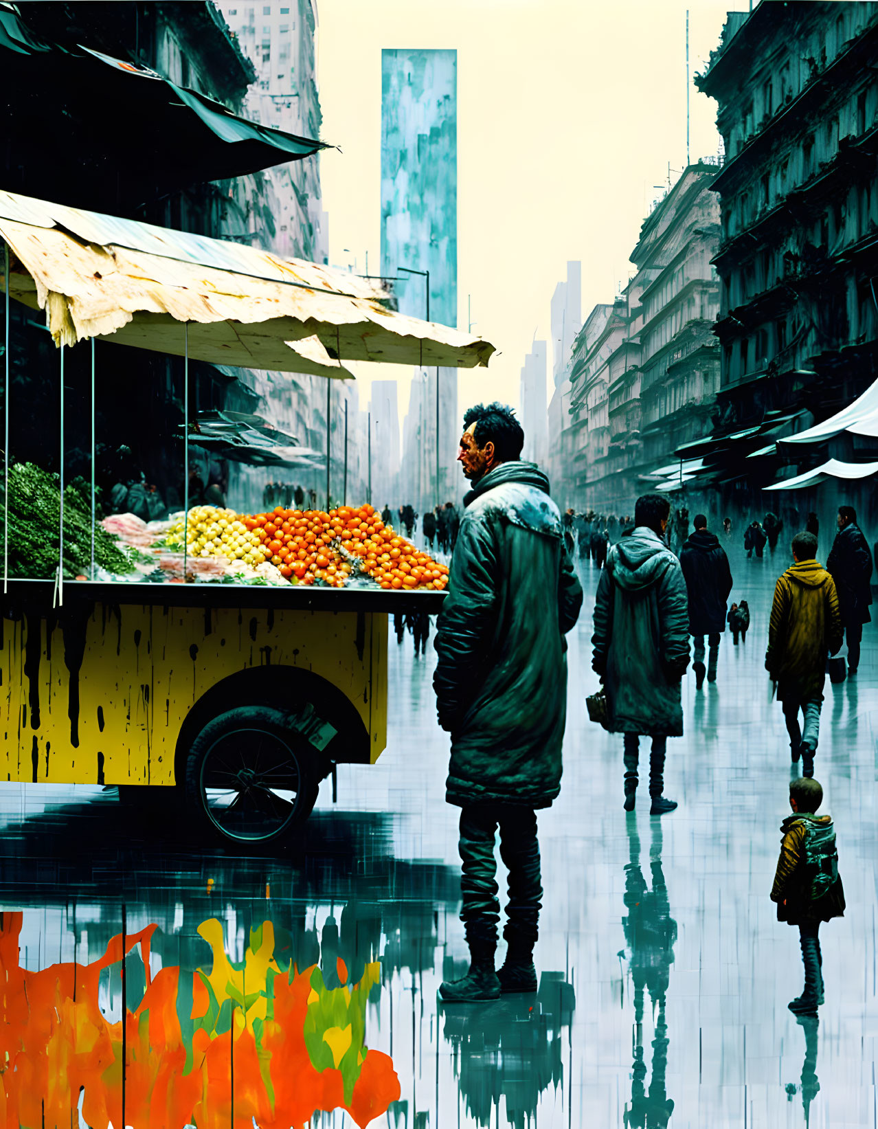 Colorful Fruit Stall Reflects Futuristic Cityscape