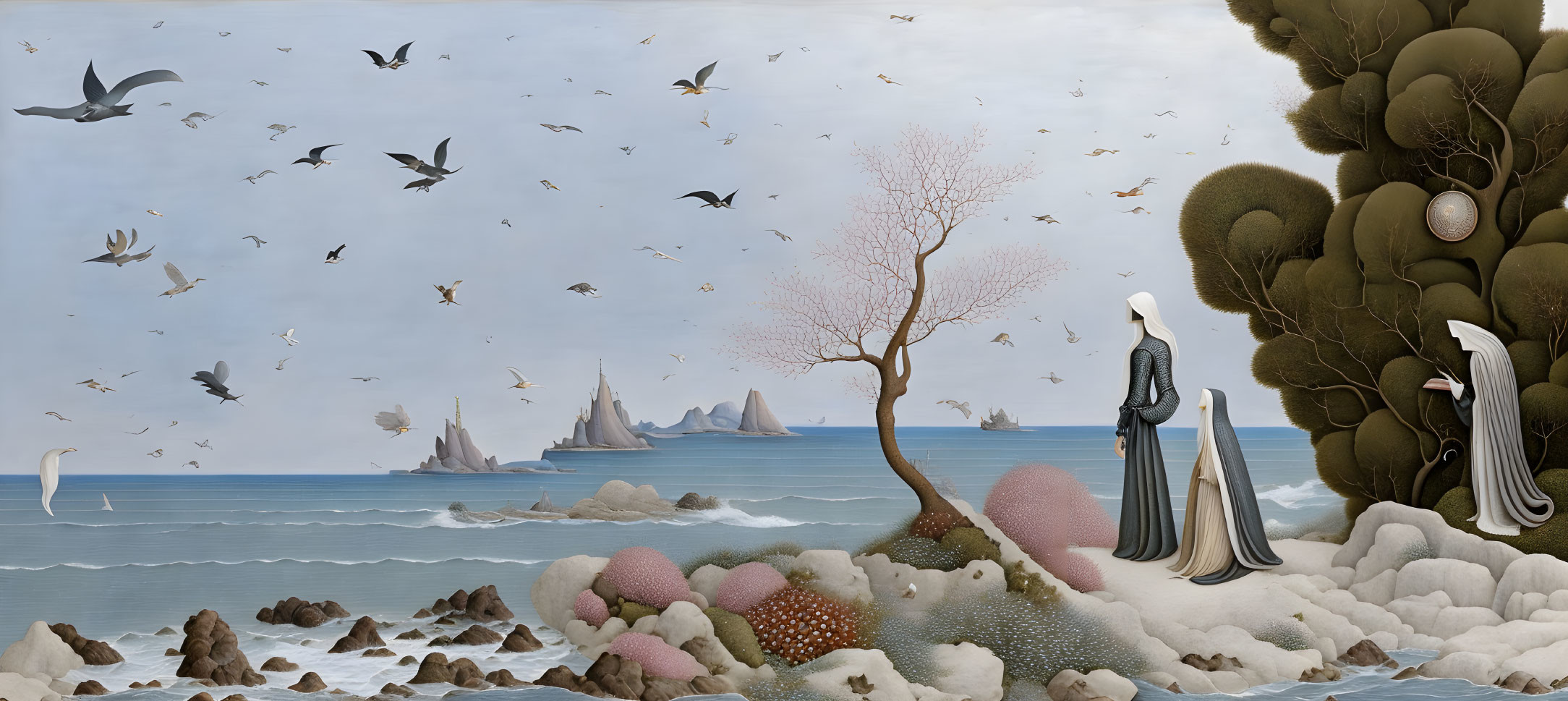 Surreal landscape with birds, calm sea, barren tree, person in cloak, and oversized bird