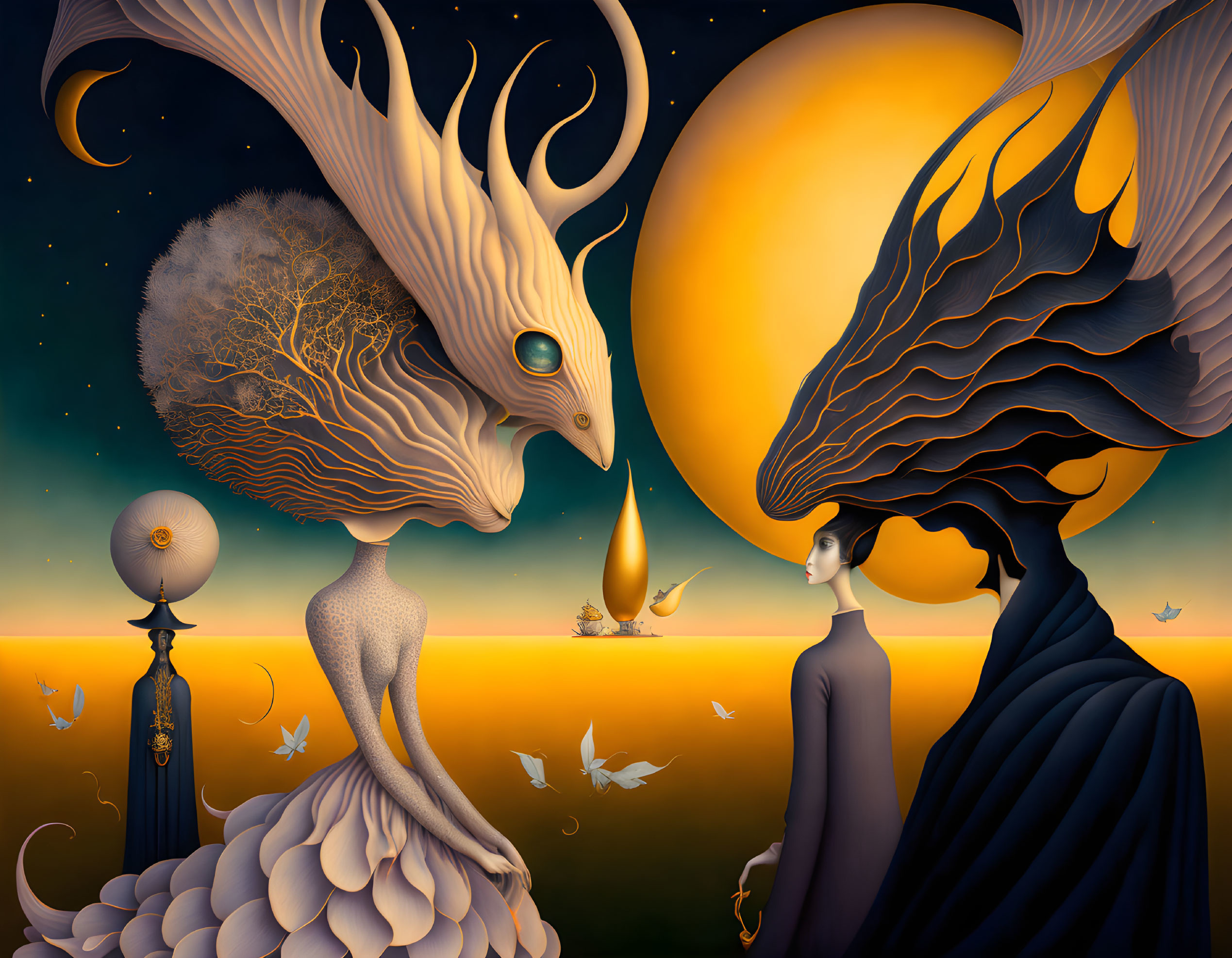 Surreal artwork features human-like figures with antler-like heads under a moon, surrounded by flying