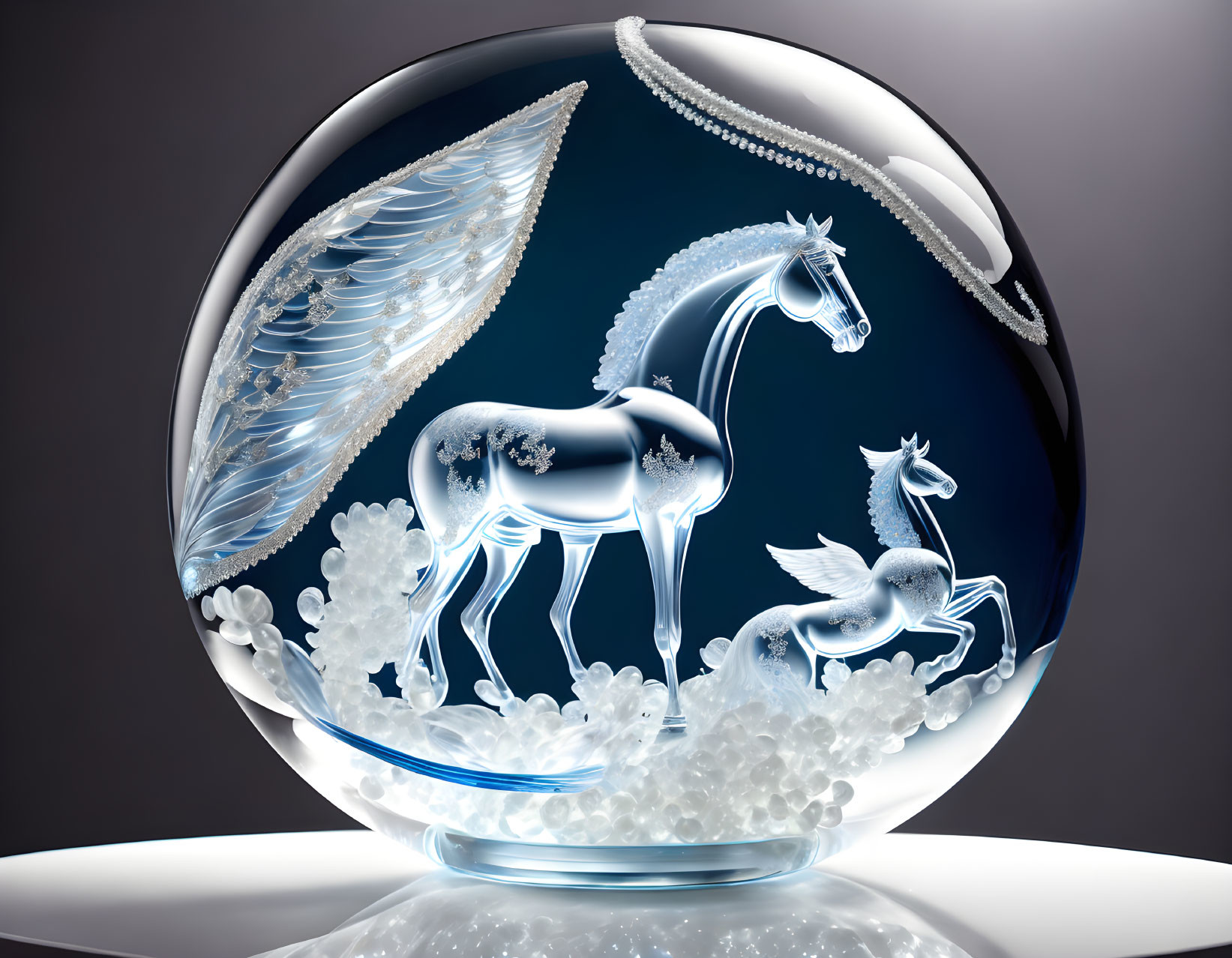 Intricate Horse and Wing Etchings on Glass Paperweight