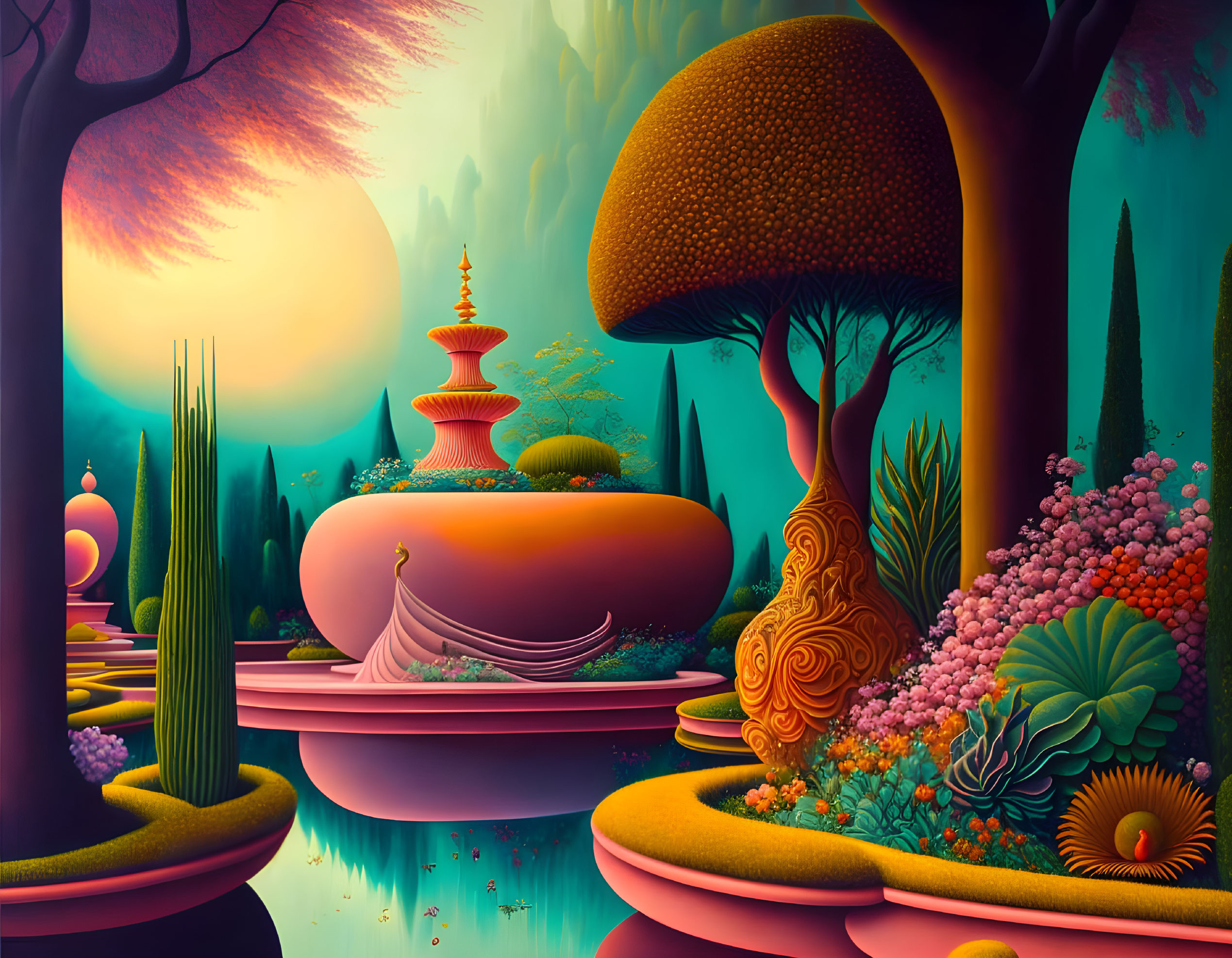 Surreal landscape with floating islands, exotic plants, fountain, whimsical trees