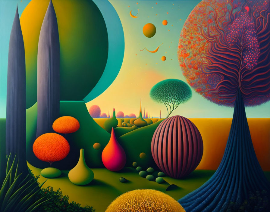 Colorful Stylized Trees in Surreal Celestial Landscape