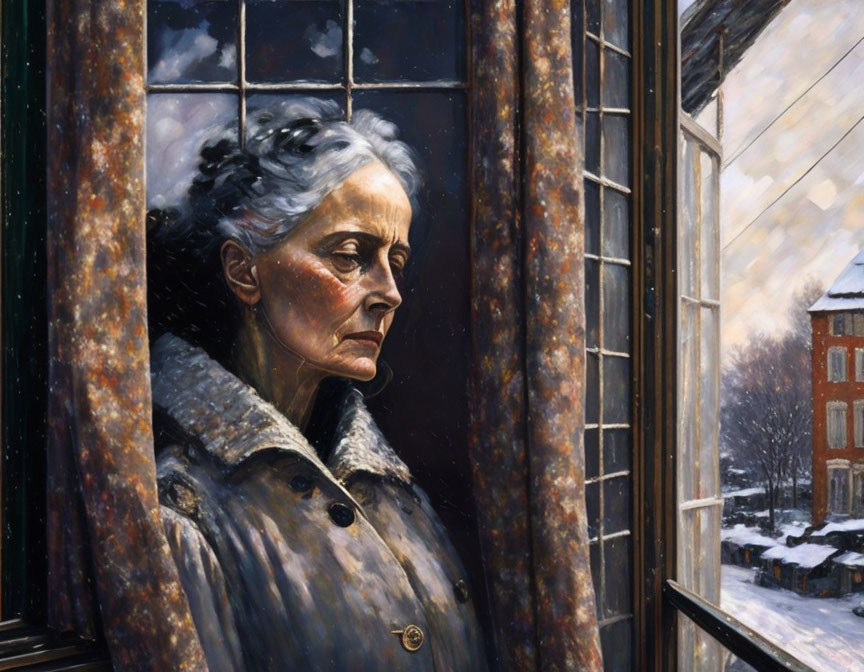 Gray-haired woman gazes out window onto snowy street
