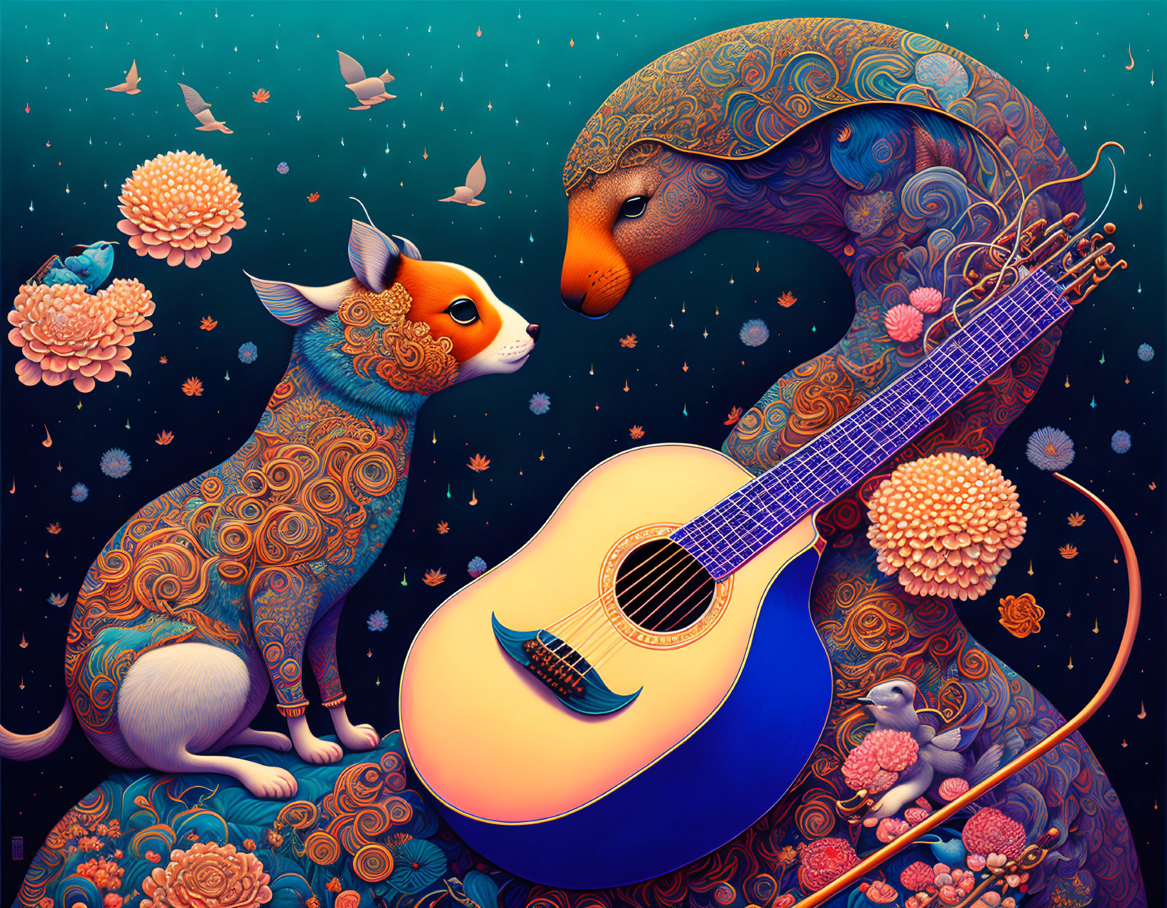 Stylized animals and guitar with intricate patterns on starry backdrop