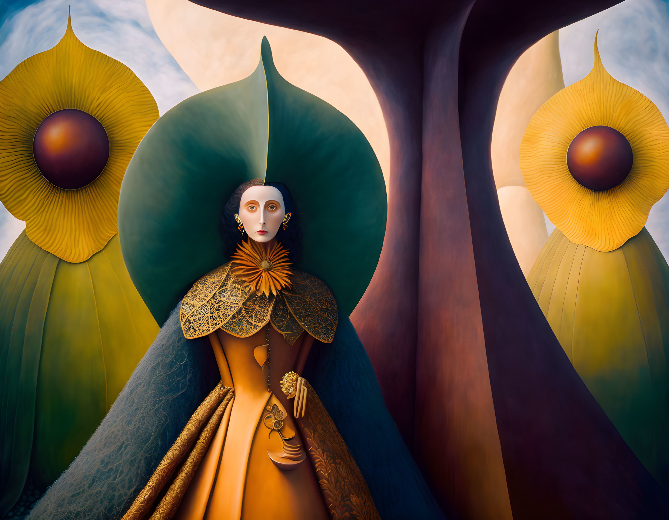 Surreal portrait of a woman in golden dress among stylized flora