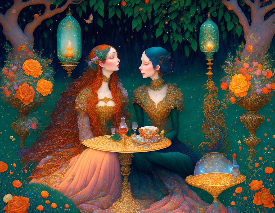 Two women in ornate dresses at table in fantastical forest with orange flowers and lanterns.