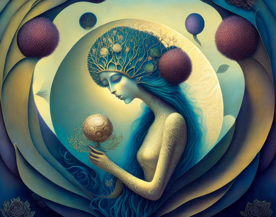 Woman with Tree Hair Holding Sphere in Spherical Motif Artwork