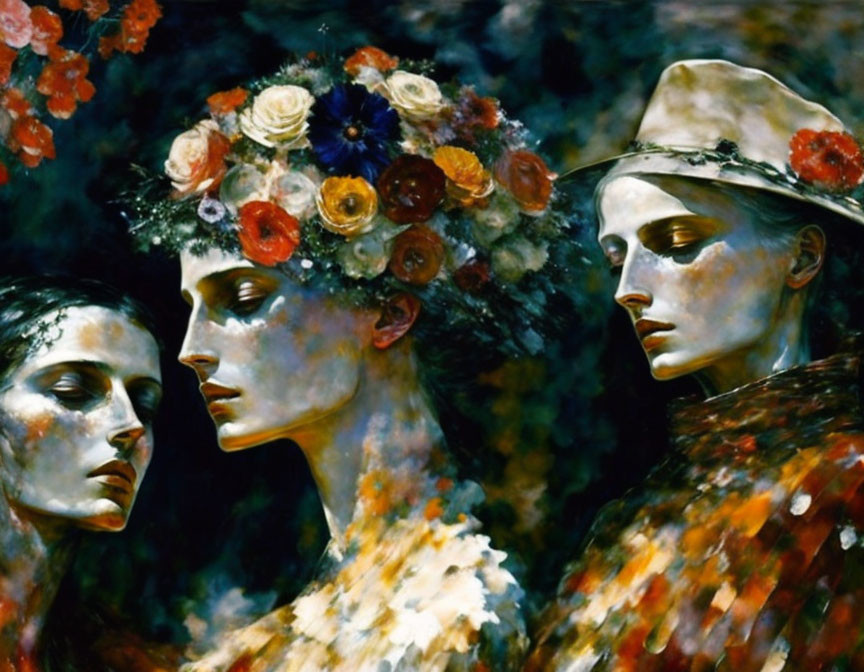 Ethereal painted faces with floral hats on dark background