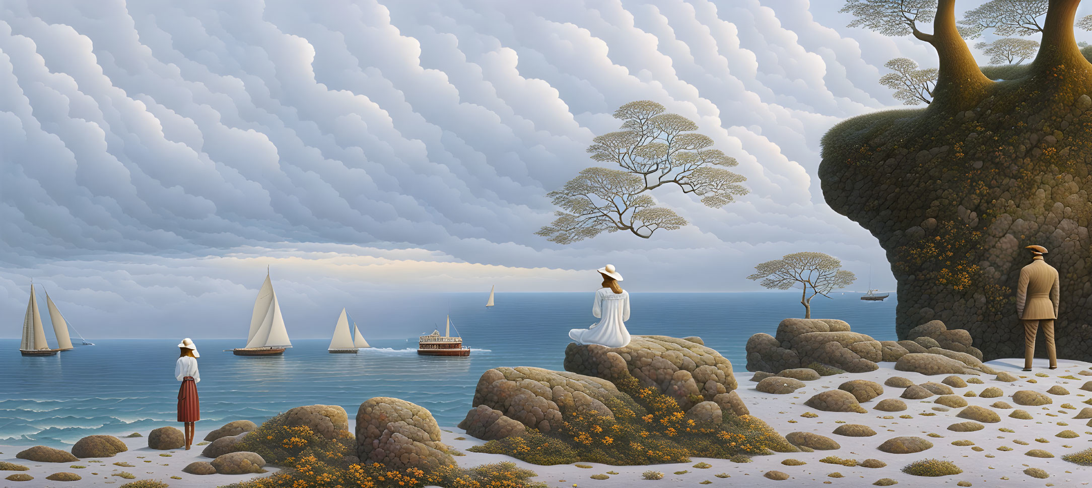 Tranquil beach scene with tree, vintage dressed people, sailboats, and stone face sculpture