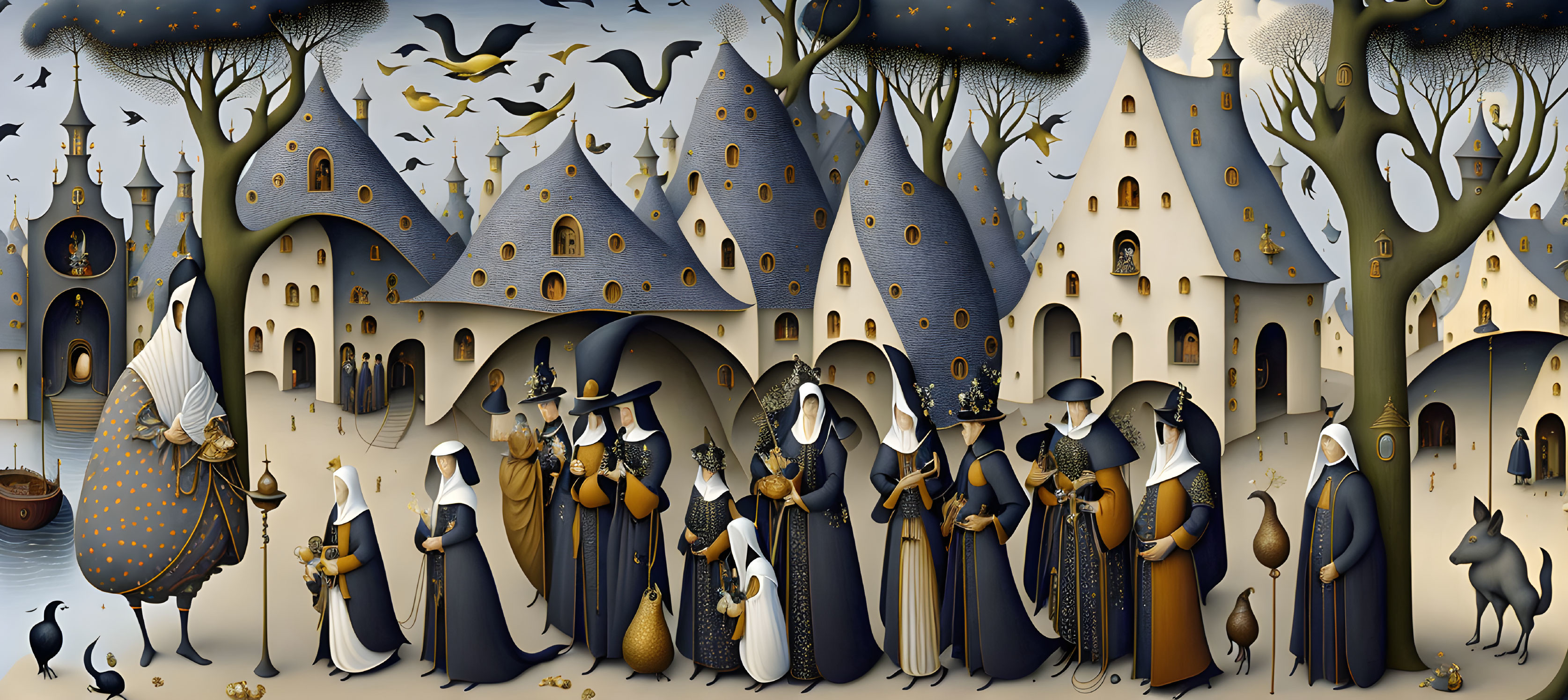 Surreal robed figures with bird-like faces in whimsical village landscape