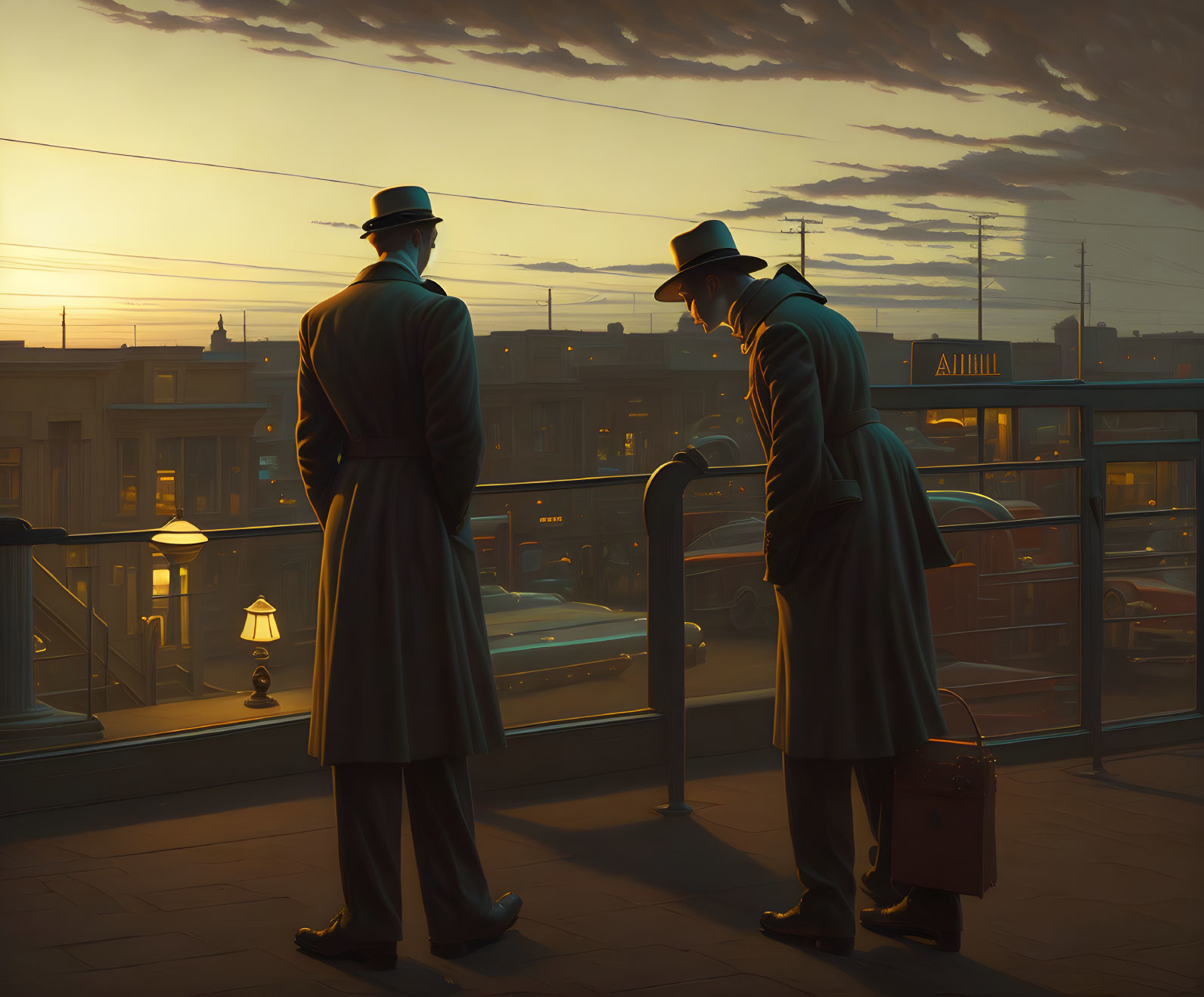 Two people in overcoats and hats on train platform at sunset with briefcase