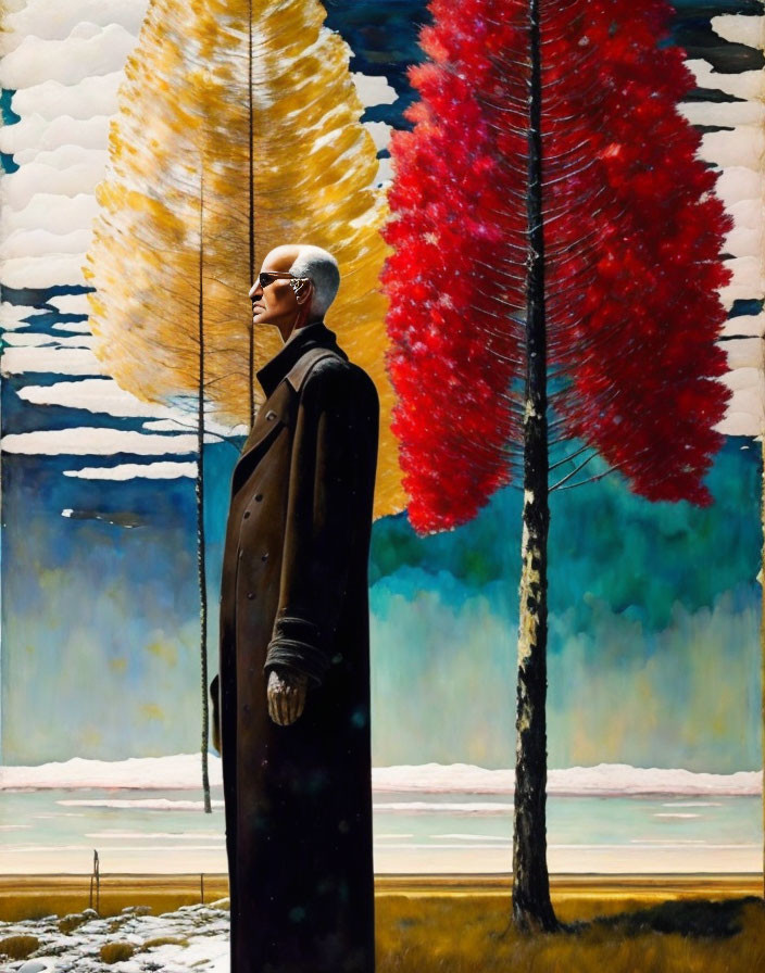 Profile of a Person in Glasses and Long Coat Against Colorful, Stylized Landscape