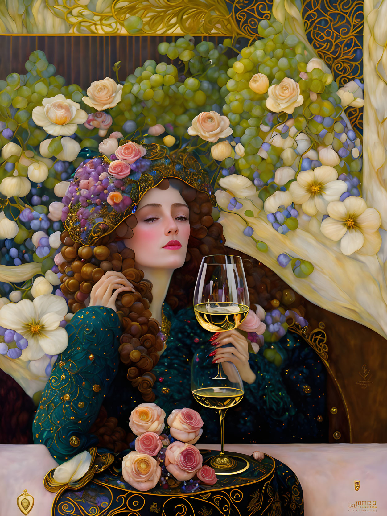 Stylized portrait of woman with intricate headwear and wine glass in floral backdrop