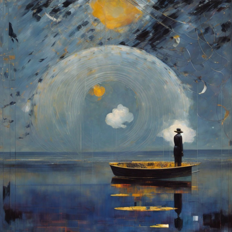 Man on boat under cosmic swirl of stars, moons, and clouds at dusk