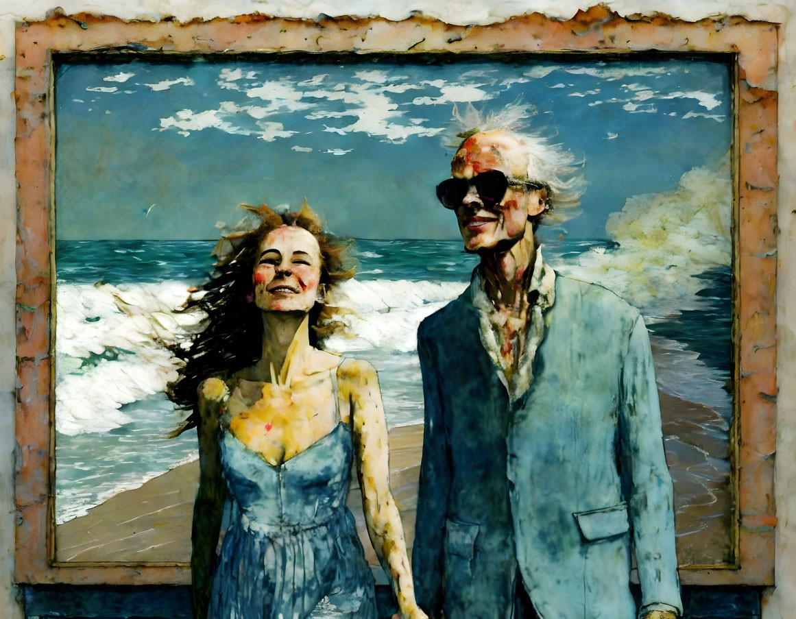 Colorful painting of elegant couple on beach with waves in background