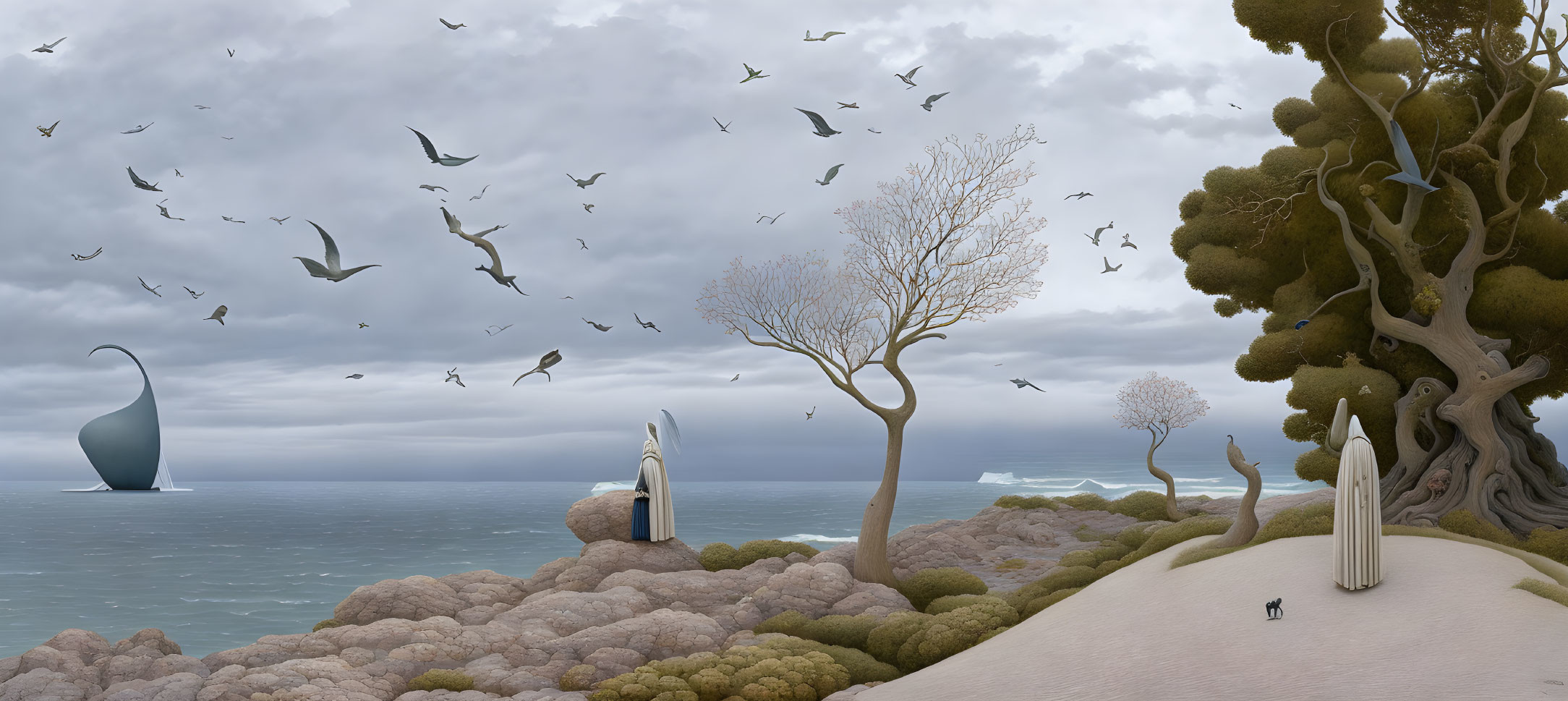 Surreal seascape with sailboat, birds, trees, and penguin doorway