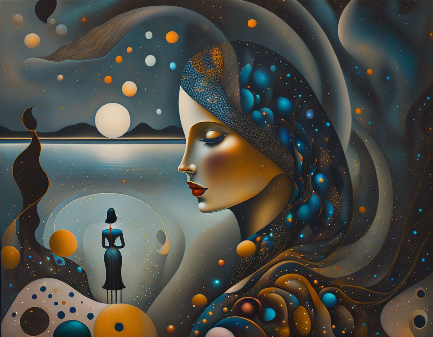 Surrealistic painting: Woman's profile merges with cosmic and seascape