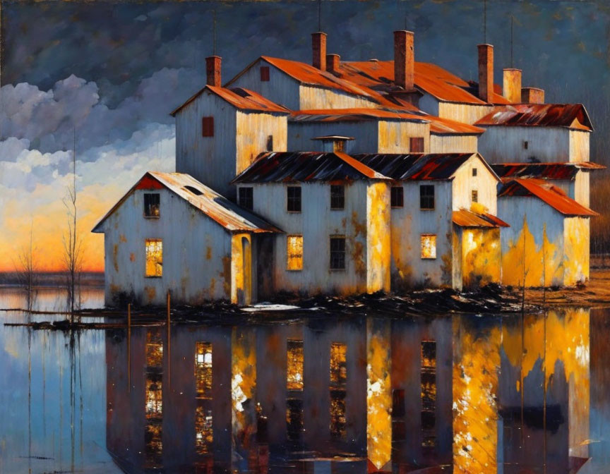 Twilight painting of industrial buildings with warm light and calm water