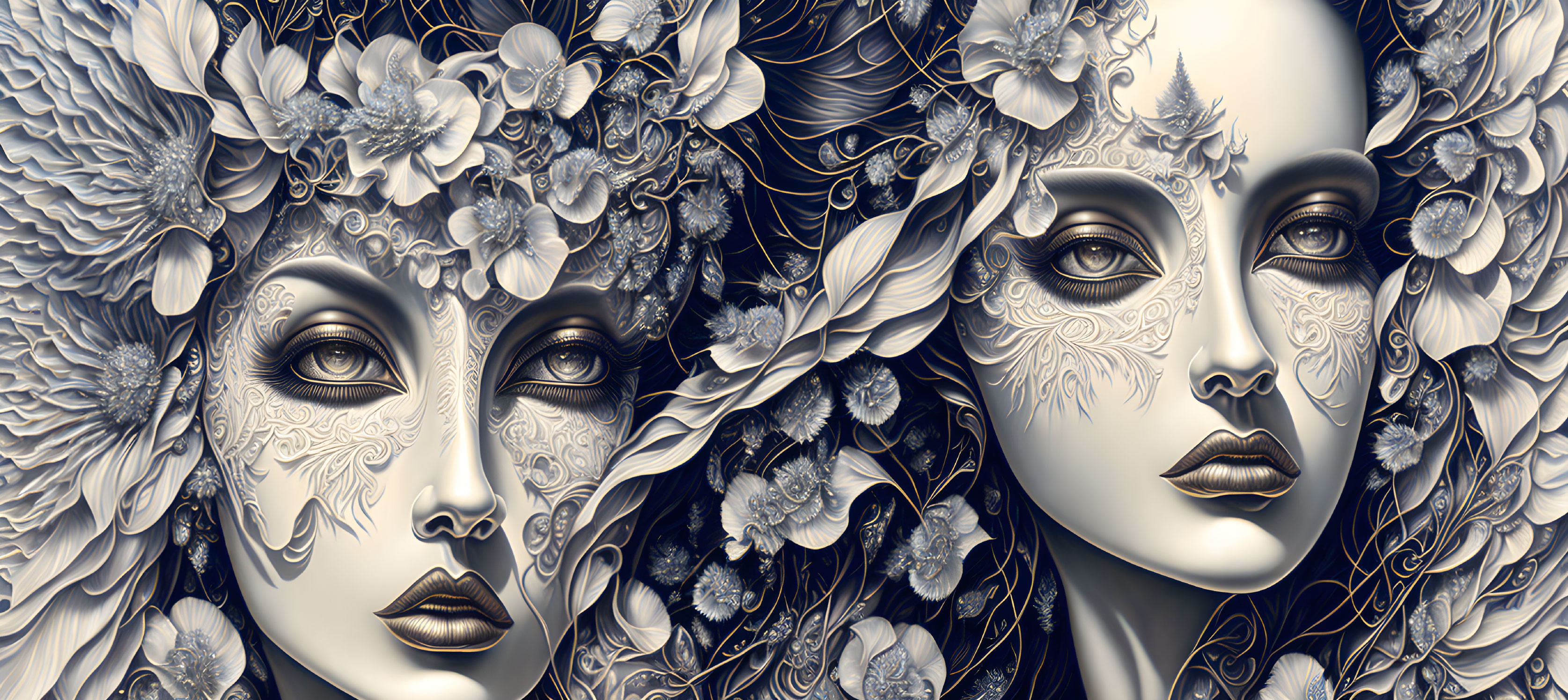 Digital artwork: Two female faces with floral and feathery motifs on monochromatic background