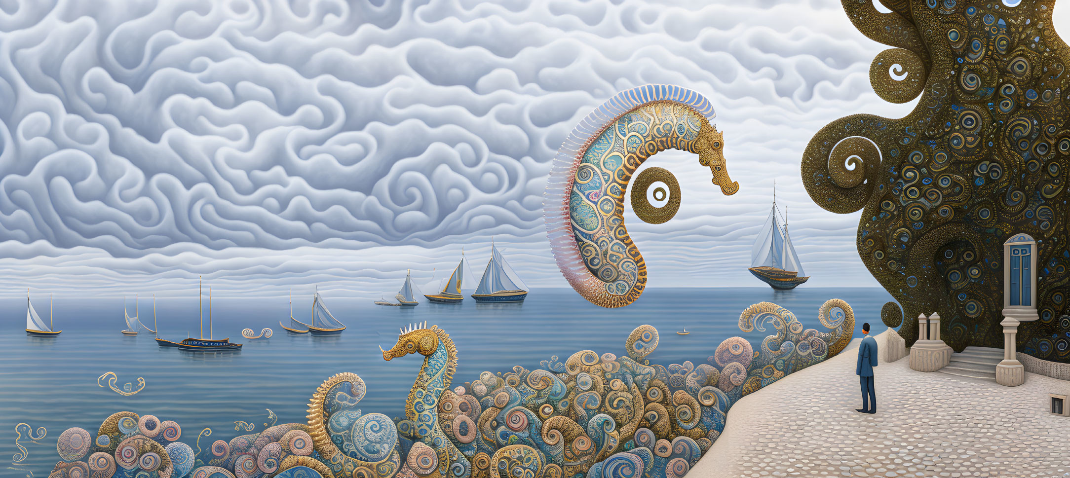 Patterned Seahorse Structures in Surreal Seascape with Sailboats