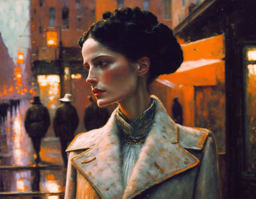 Elegant woman portrait with vintage jacket on city street at dusk