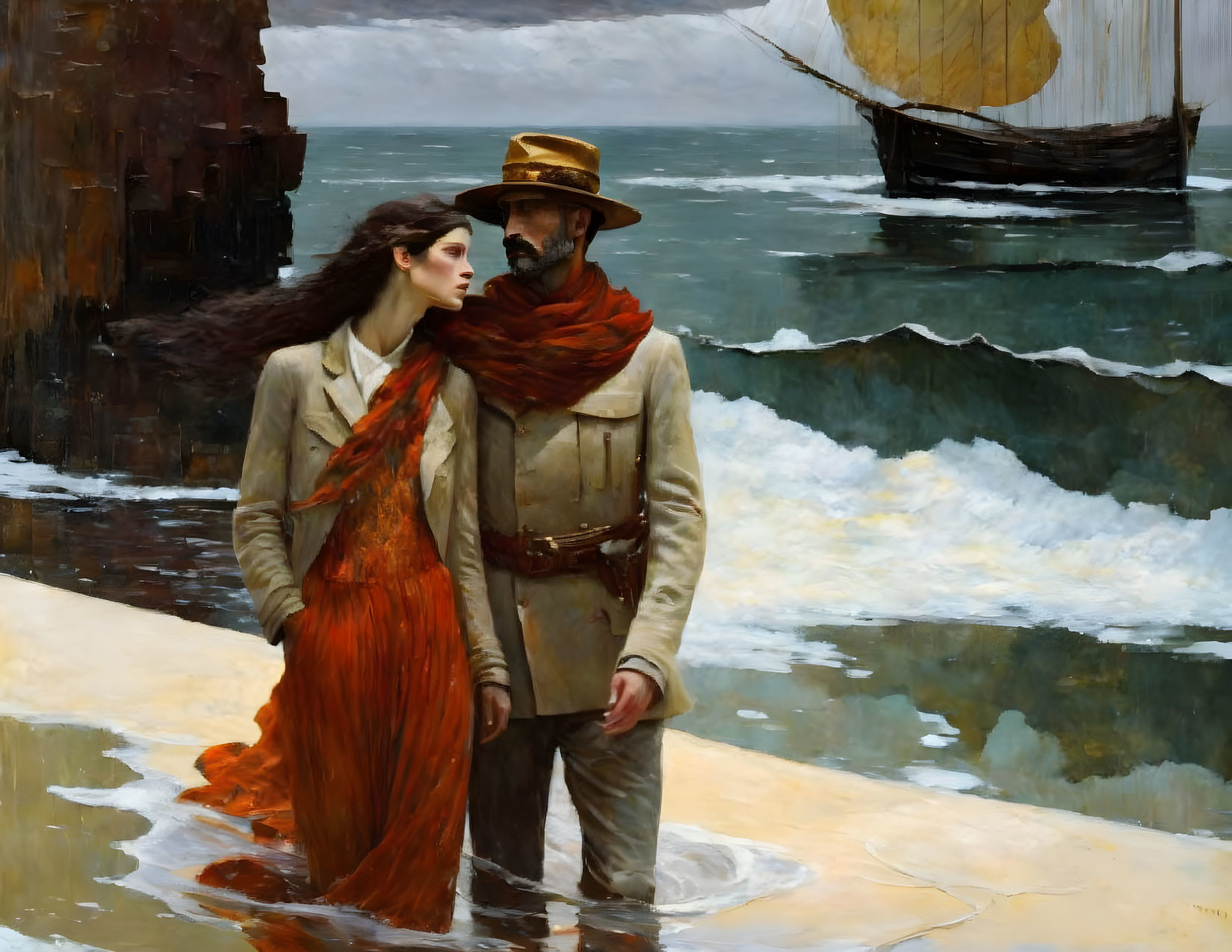 Vintage attire couple by sea with sailboat in oil painting