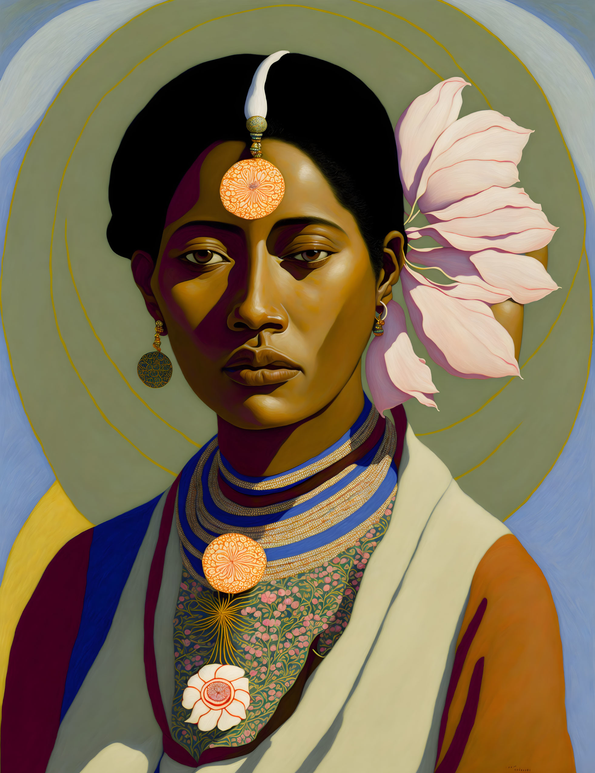 Portrait of Woman with Halo and Jewelry Against Pink Flower Backdrop