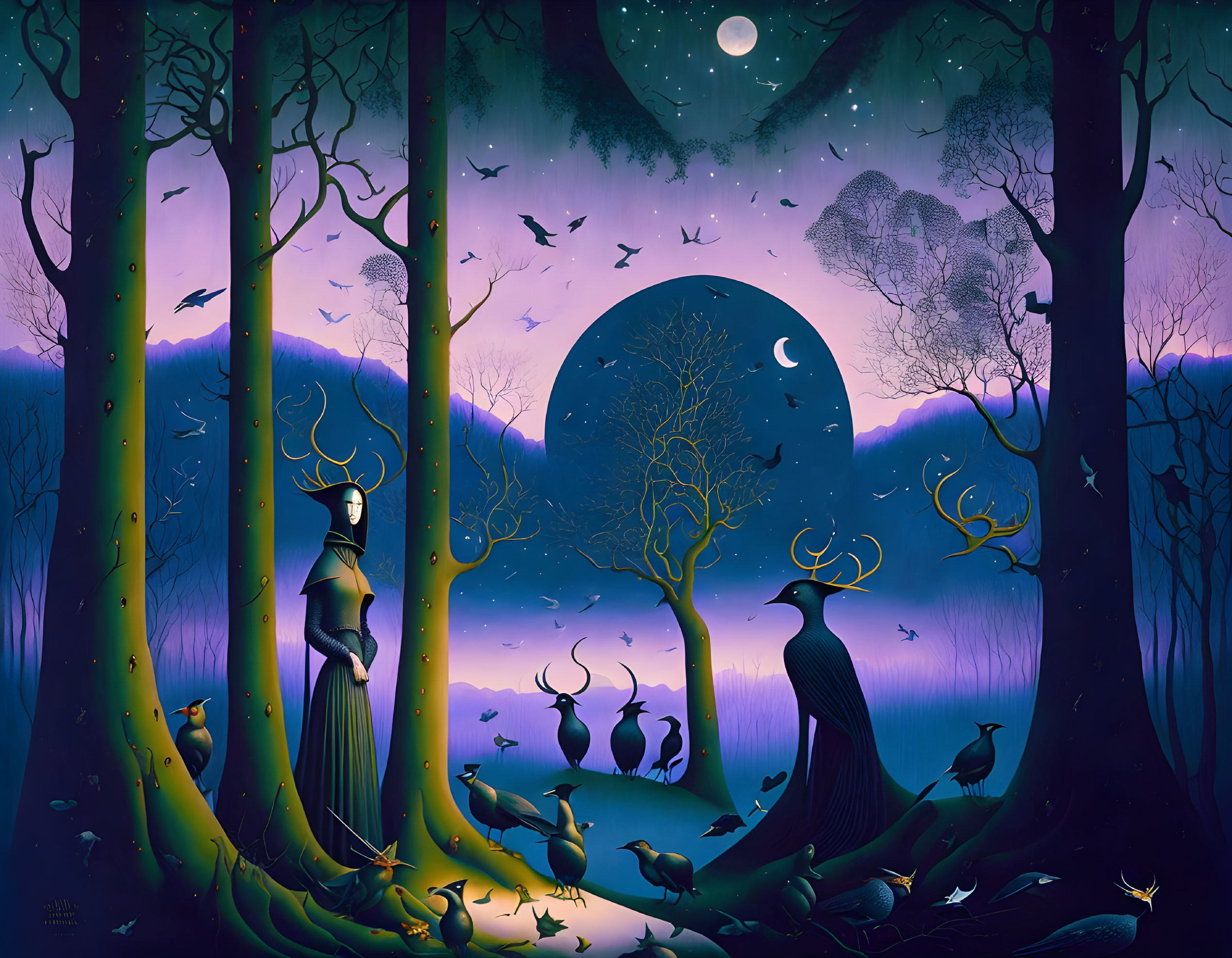 Night Scene with Woman and Birds in Whimsical Setting