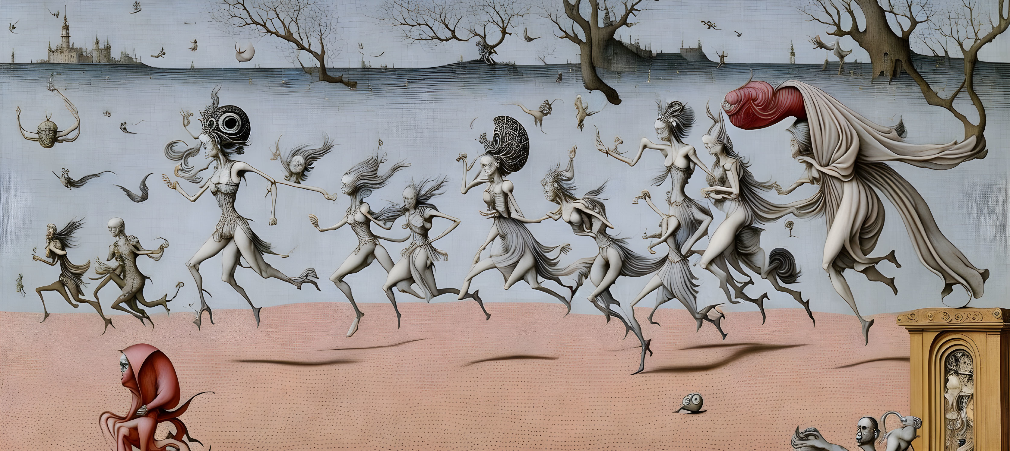 Surreal artwork: Distorted figures dancing in arid landscape