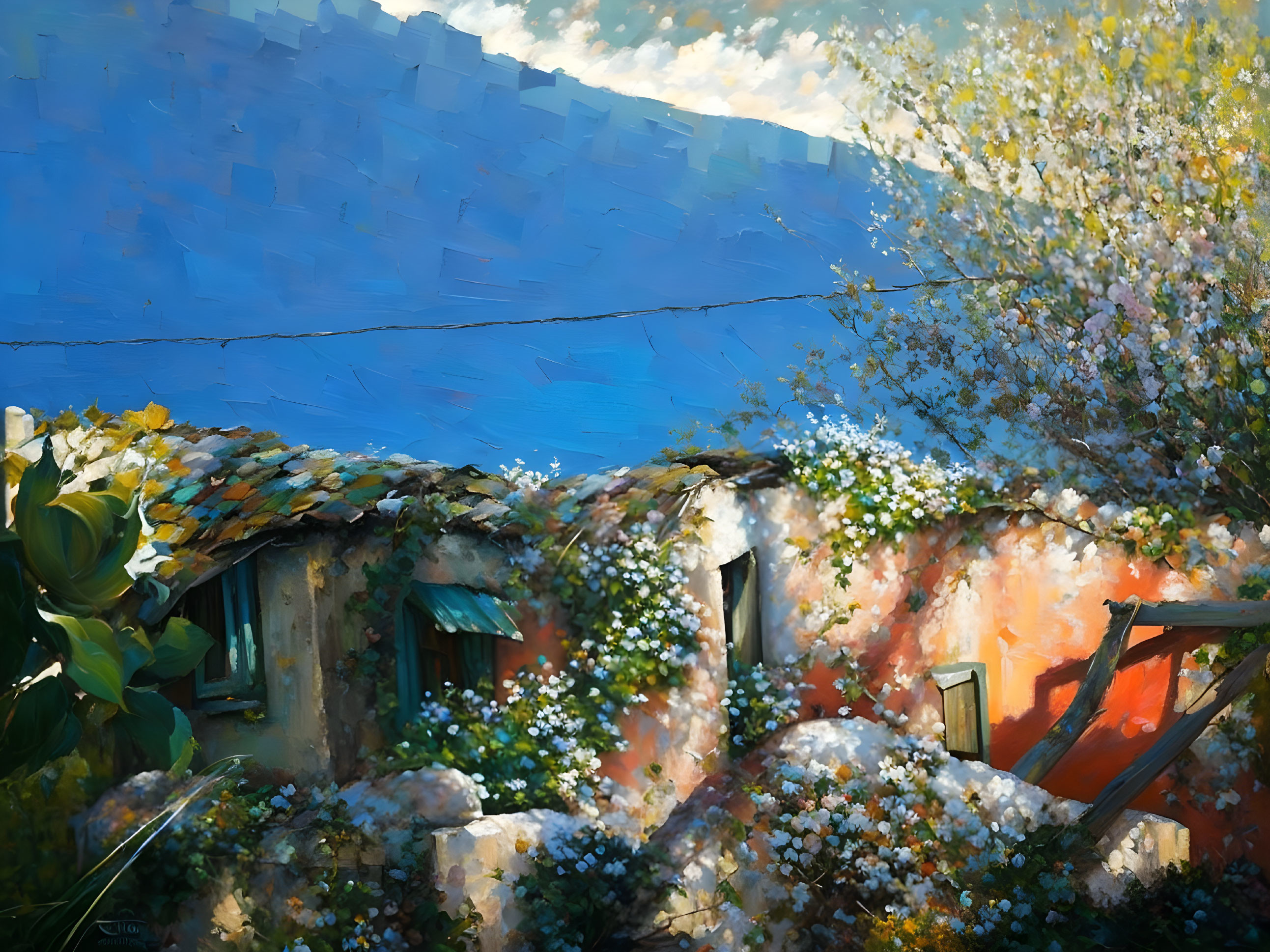 Colorful painting of quaint house with orange and blue walls surrounded by white blossoms under blue sky