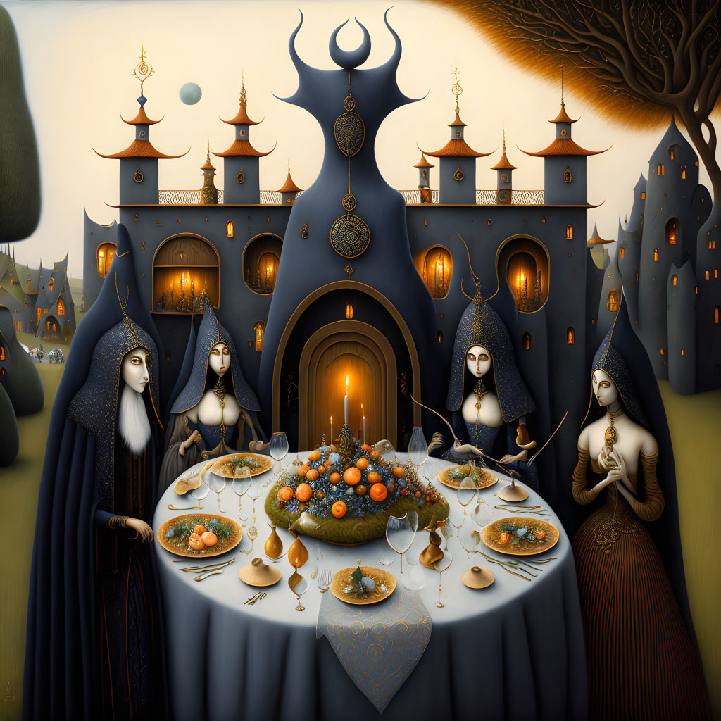 Surreal robed figures around fruit table with castle and orbs