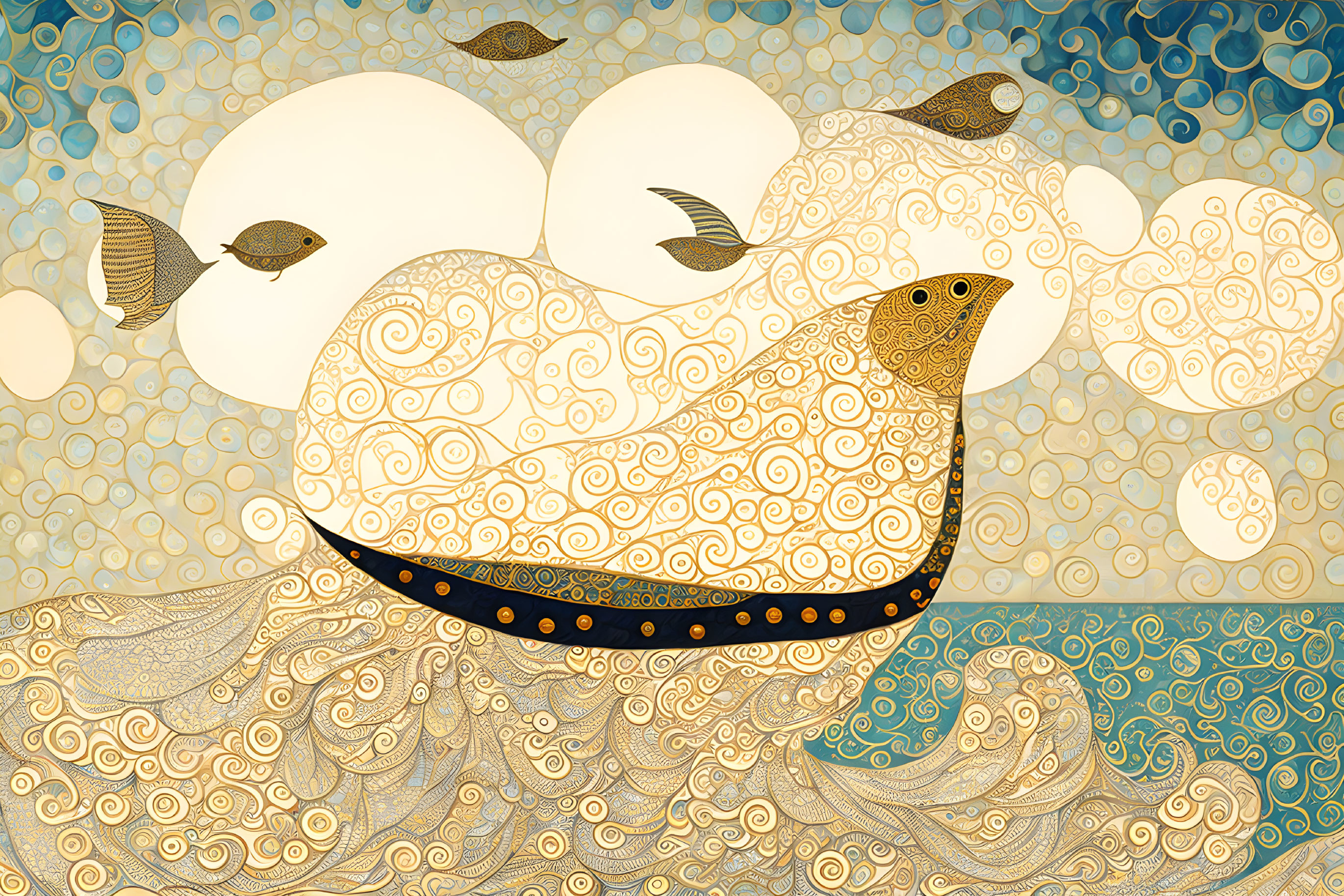 Golden whale swimming in sea with patterns and fish under mosaic sky