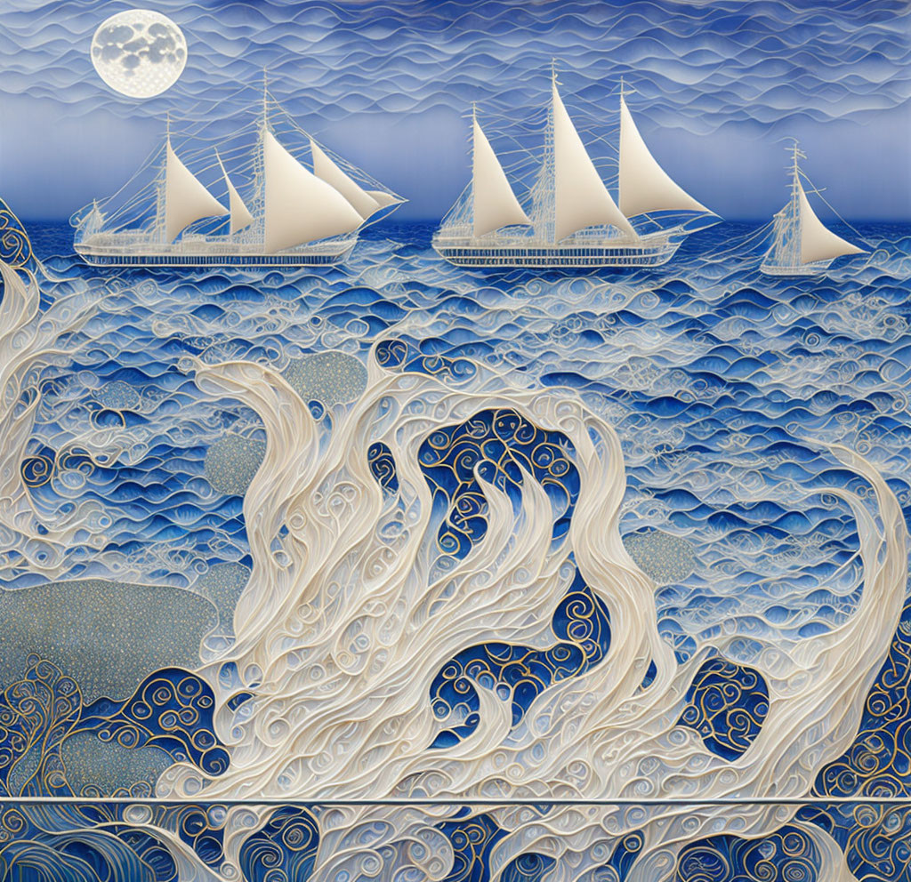 Stylized image of ships with white sails on blue sea with van Gogh-style waves under moon