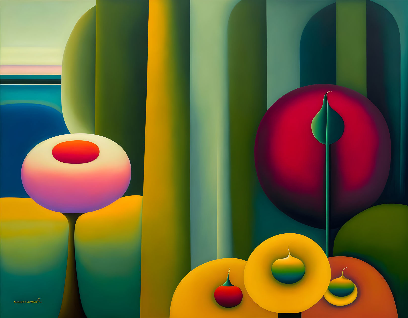 Colorful Abstract Painting with Geometric Shapes and Stylized Plant Forms