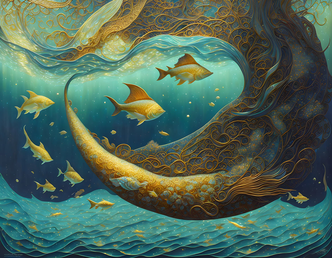 Golden Fish Swimming Around Ornate Crescent Moon in Deep Blue Sea