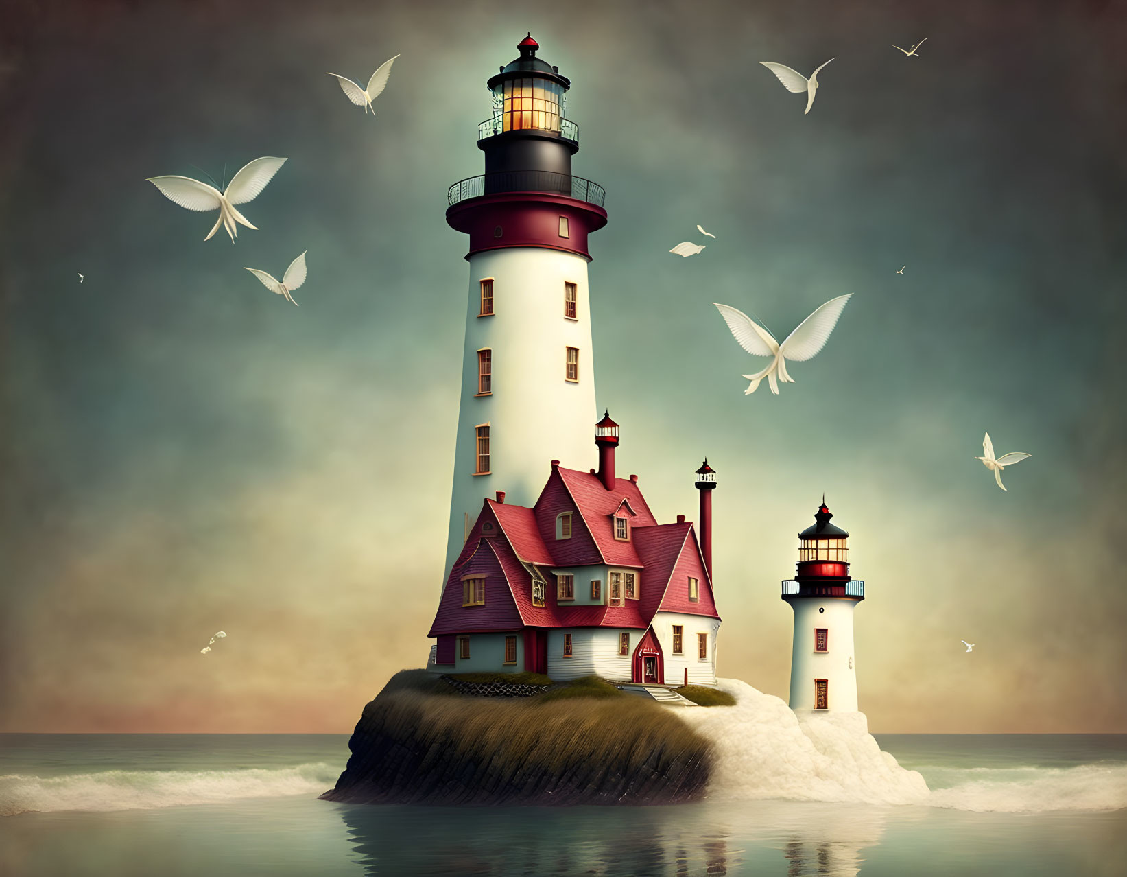 Scenic lighthouse on island with birds in dusky sky