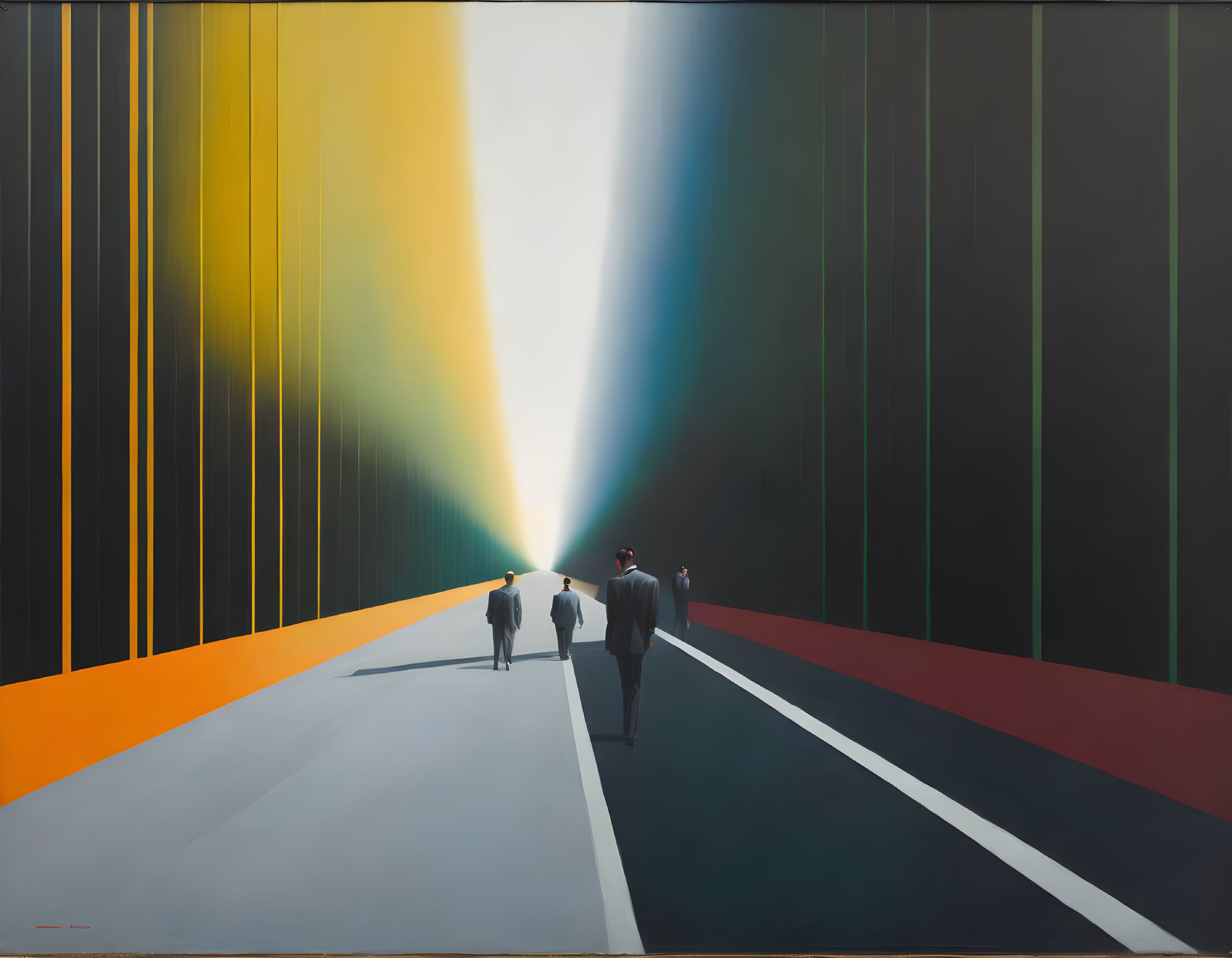 Abstract painting of four silhouetted figures on stylized path with bold vertical color blocks