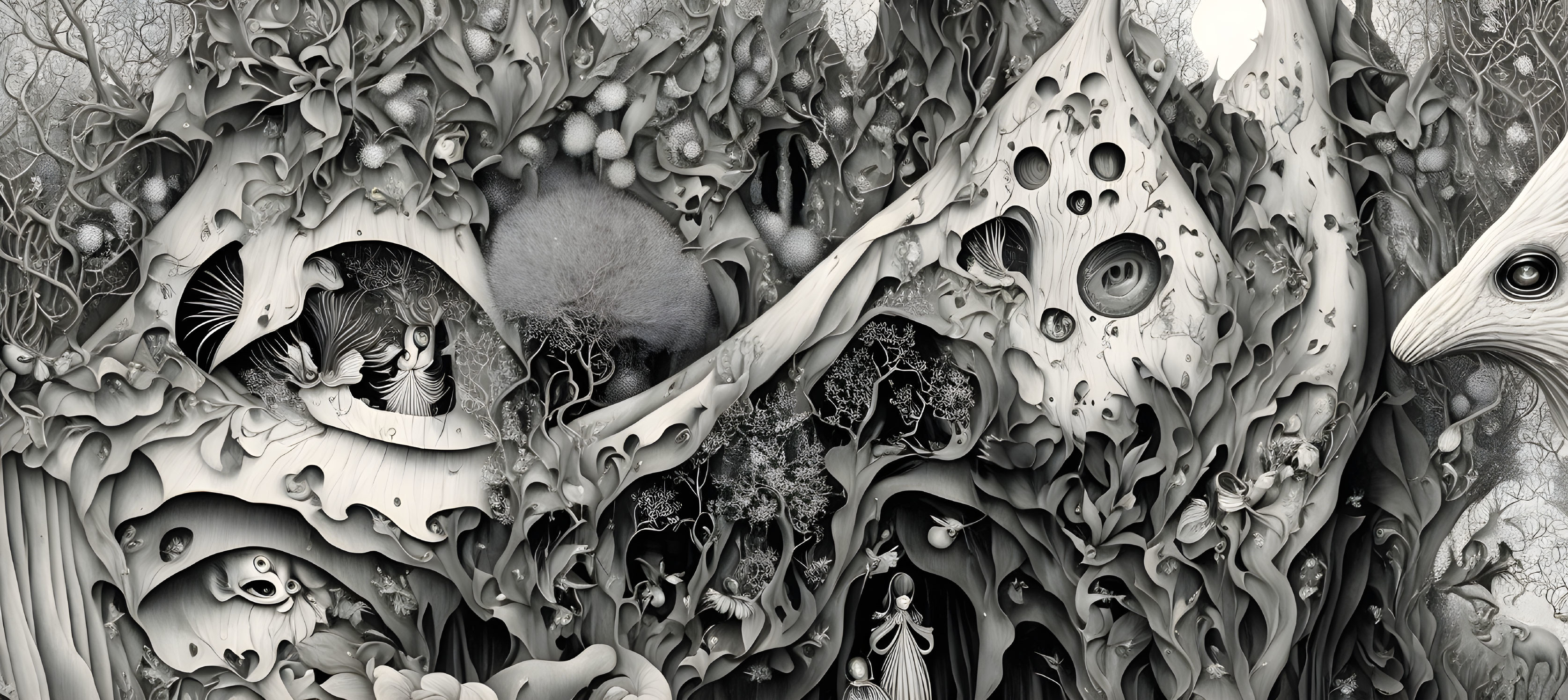 Detailed grayscale surreal illustration with eyes, textures, figures, and animals.