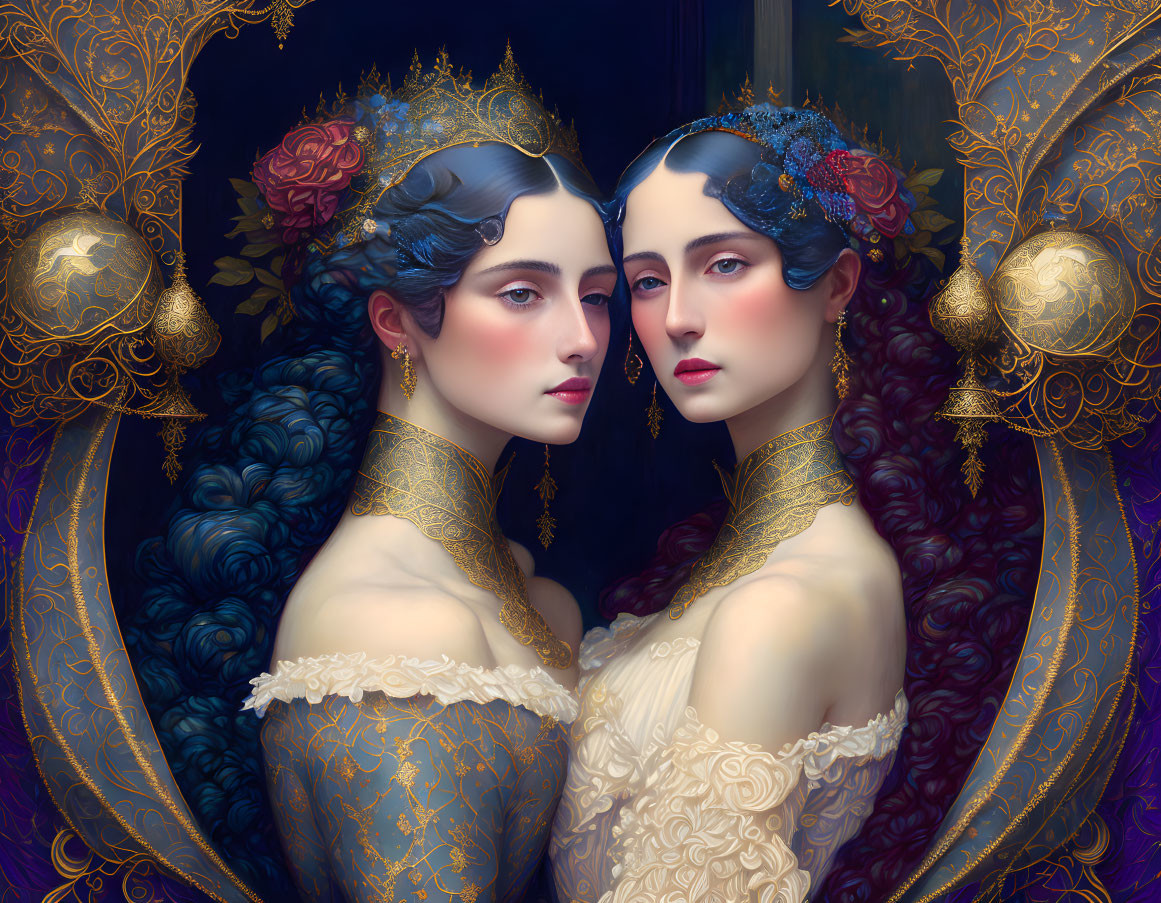 Two Women in Elaborate Hairstyles and Ornate Dresses in Rich Blue and Gold Hues