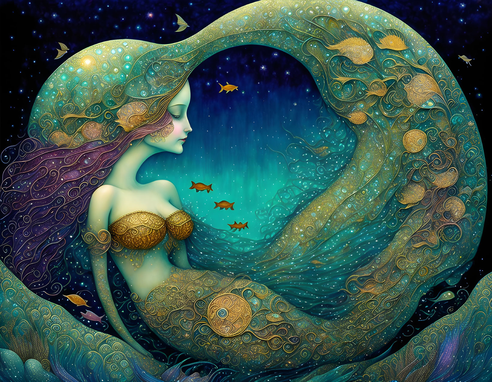 Colorful Mermaid Artwork with Flowing Hair and Intricate Tail Patterns