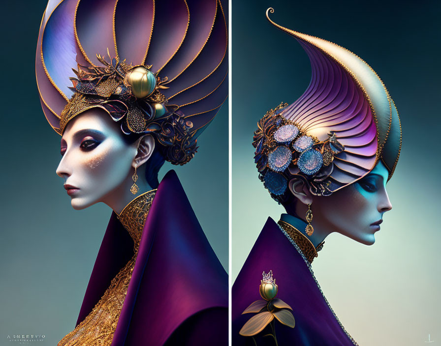 Artistic portraits of a woman with elaborate fantasy headdresses in gold and purple designs.