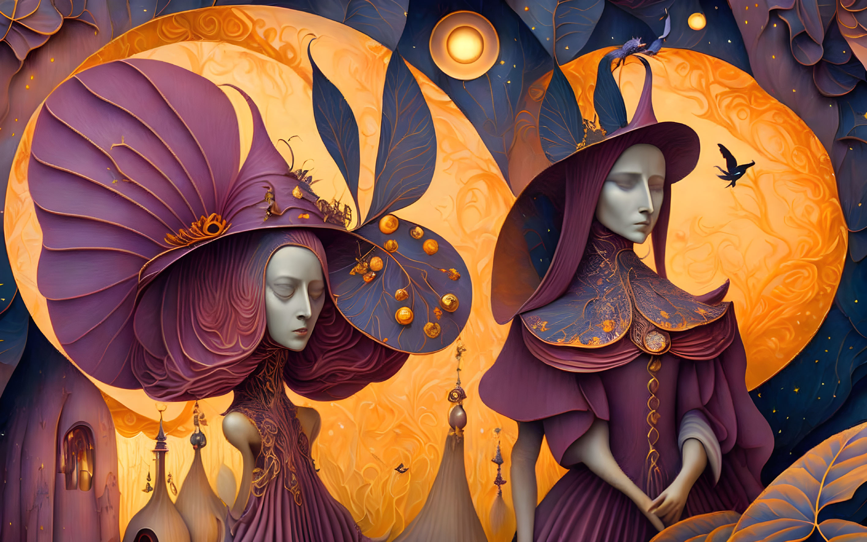 Two stylized female figures in purple attire against whimsical backdrop